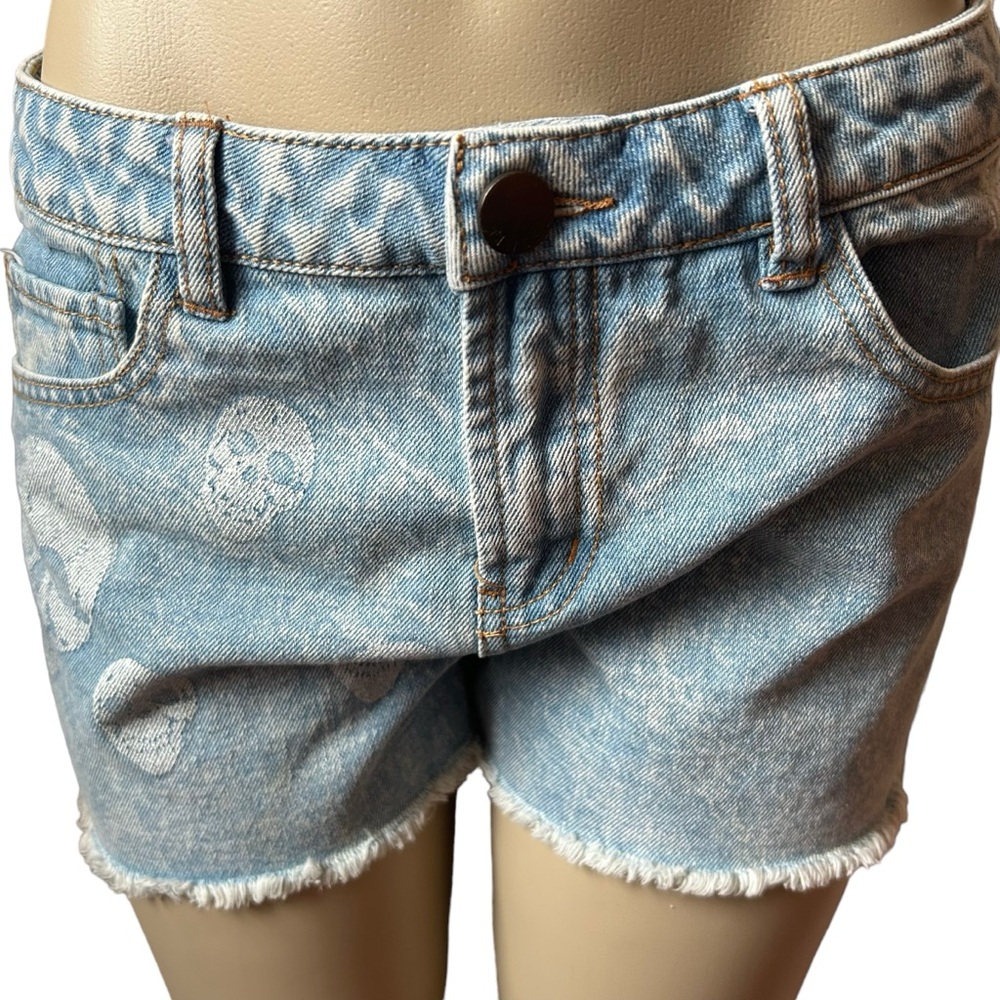 Tinsel denim shorts NEW women’s size 30 skulls y2k grunge blue distressed boho - Picture 15 of 16